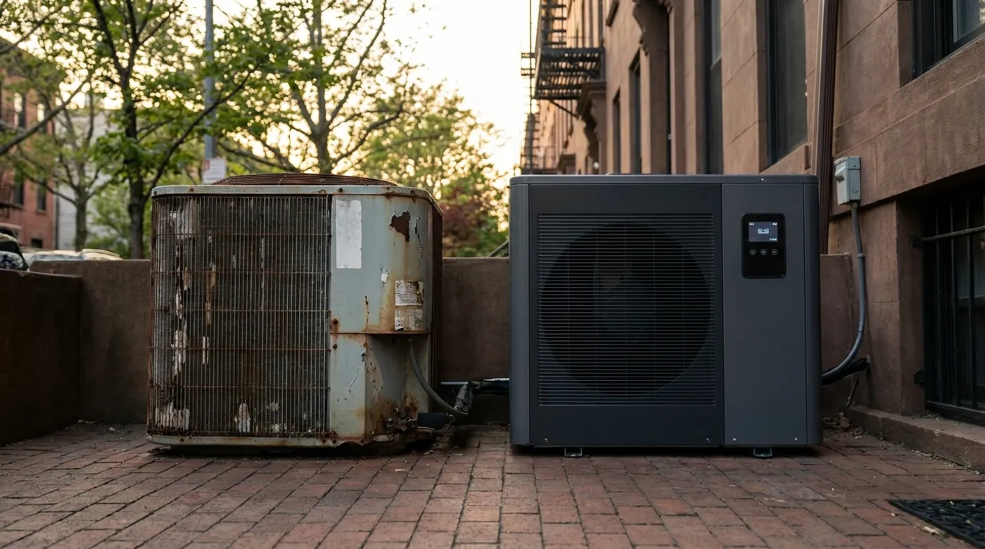 Old weathered AC condenser next to a new high-efficiency unit outside a New York home