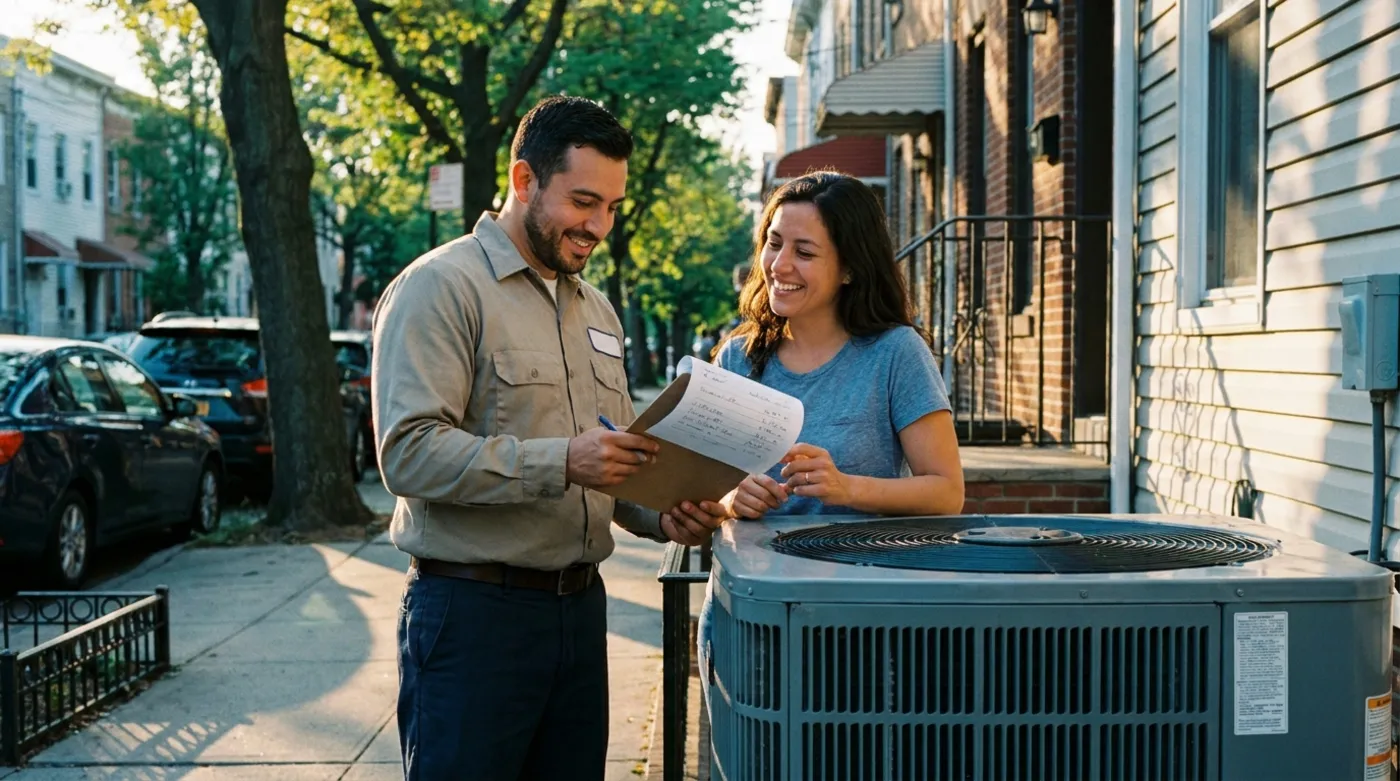 Technician showing a written estimate to a homeowner