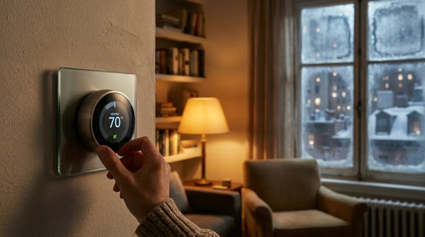 Smart thermostat in a cozy New York apartment in winter